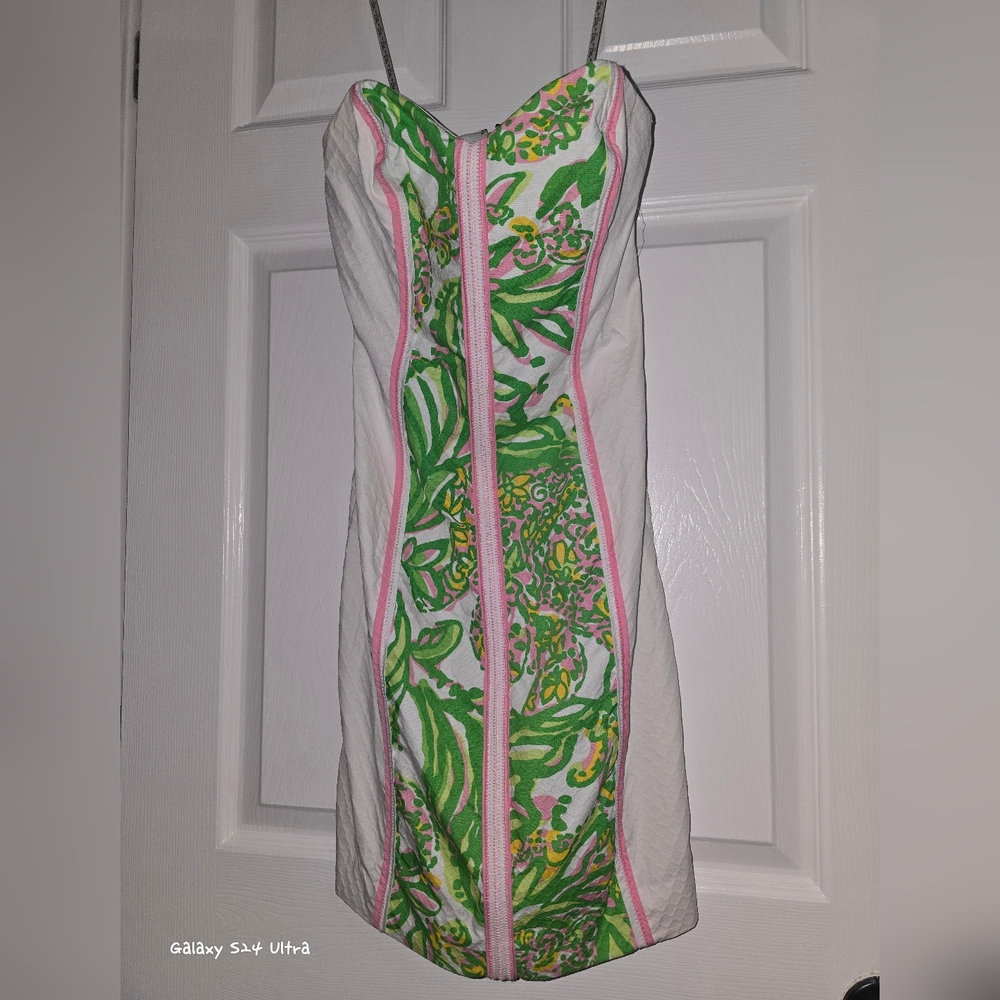 Lilly Pulitzer Angela Strapless Dress with Green and Pink Floral Design